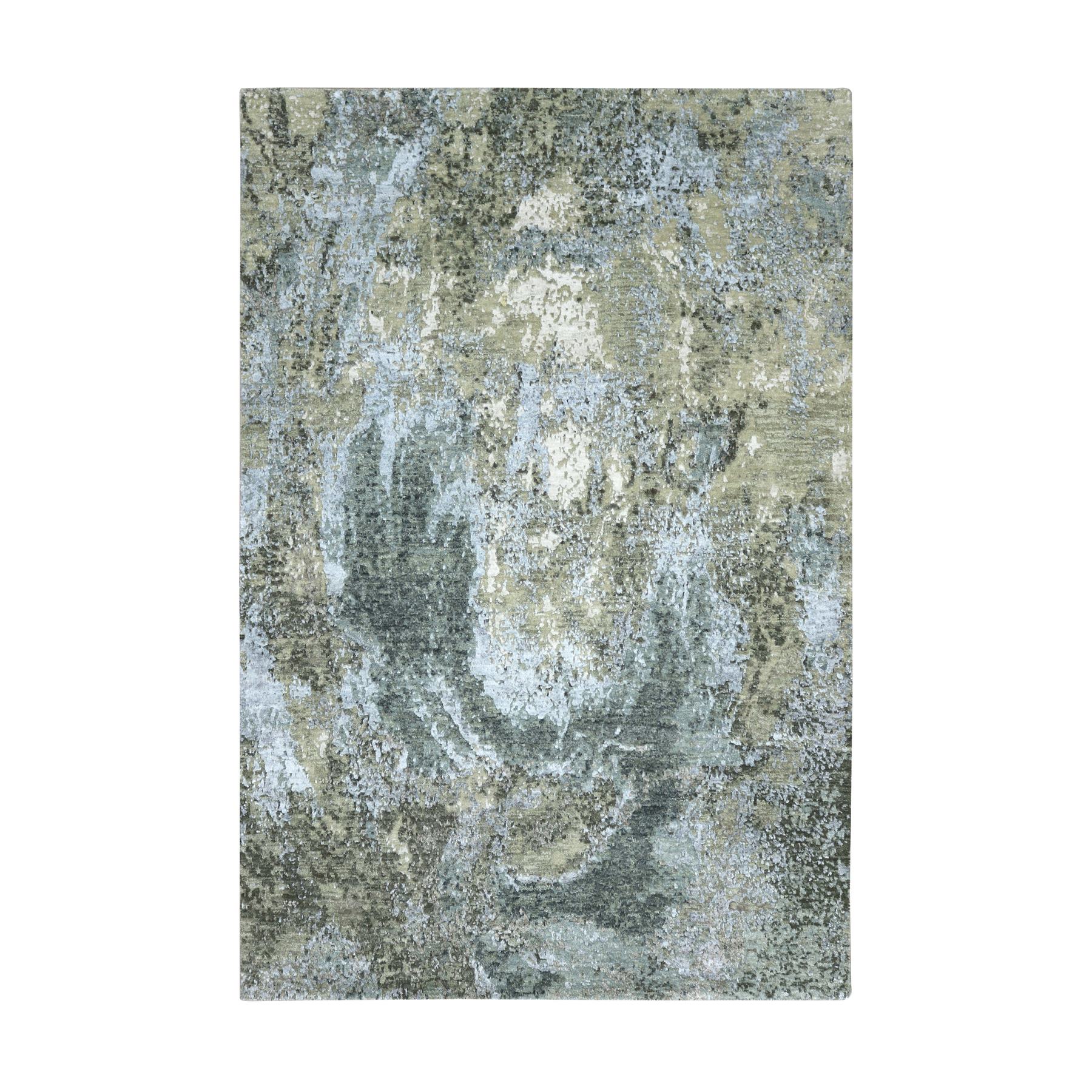 Beige with Light Blue, Densely Woven, Persian Knot, Abstract with Galaxy Design, 100% Wool, Hand Knotted, Oriental Rug